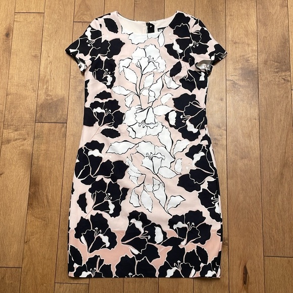 KARL LAGERFELD PARIS Floral-Print Shift Dress US2 short sleeve pink black white - Picture 7 of 14